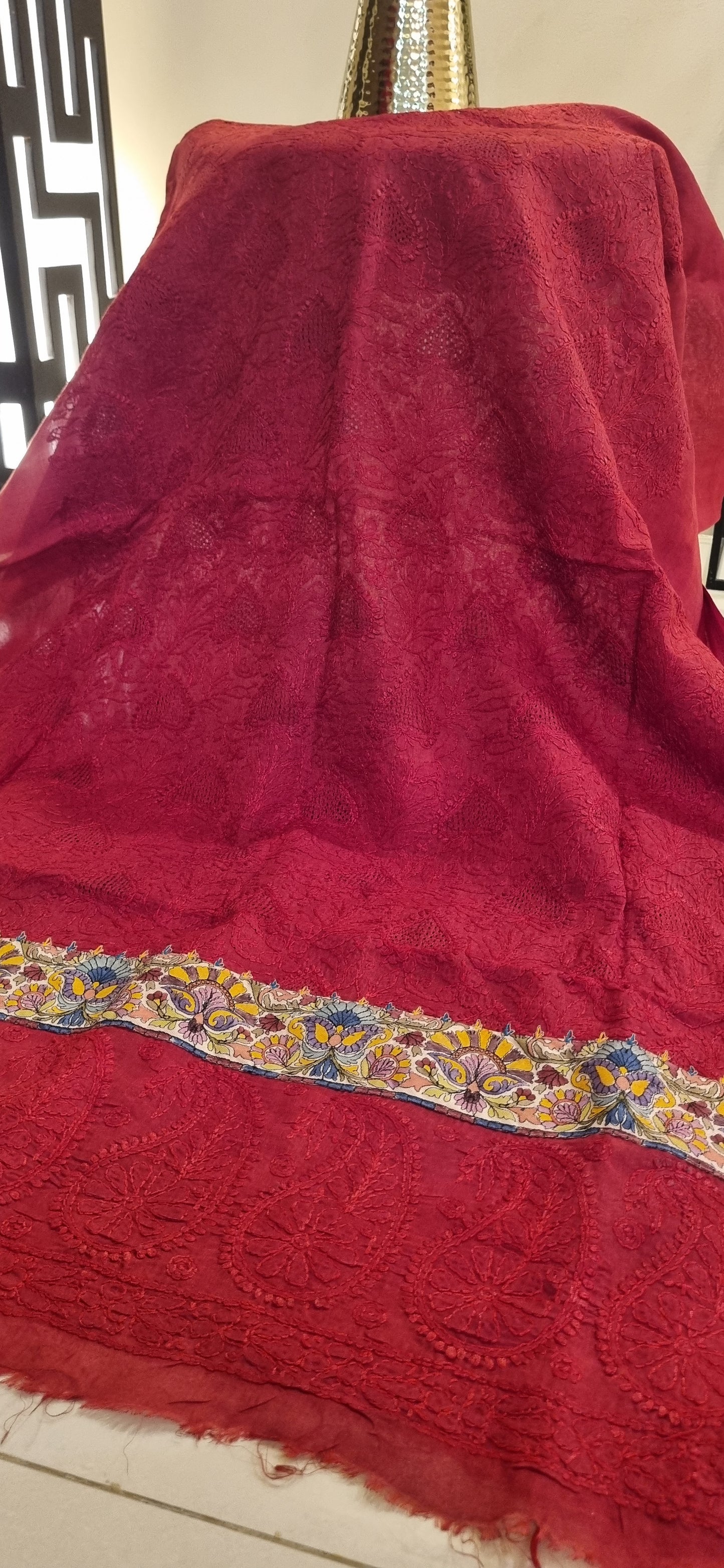 Chikankari shirt with kalamkar border