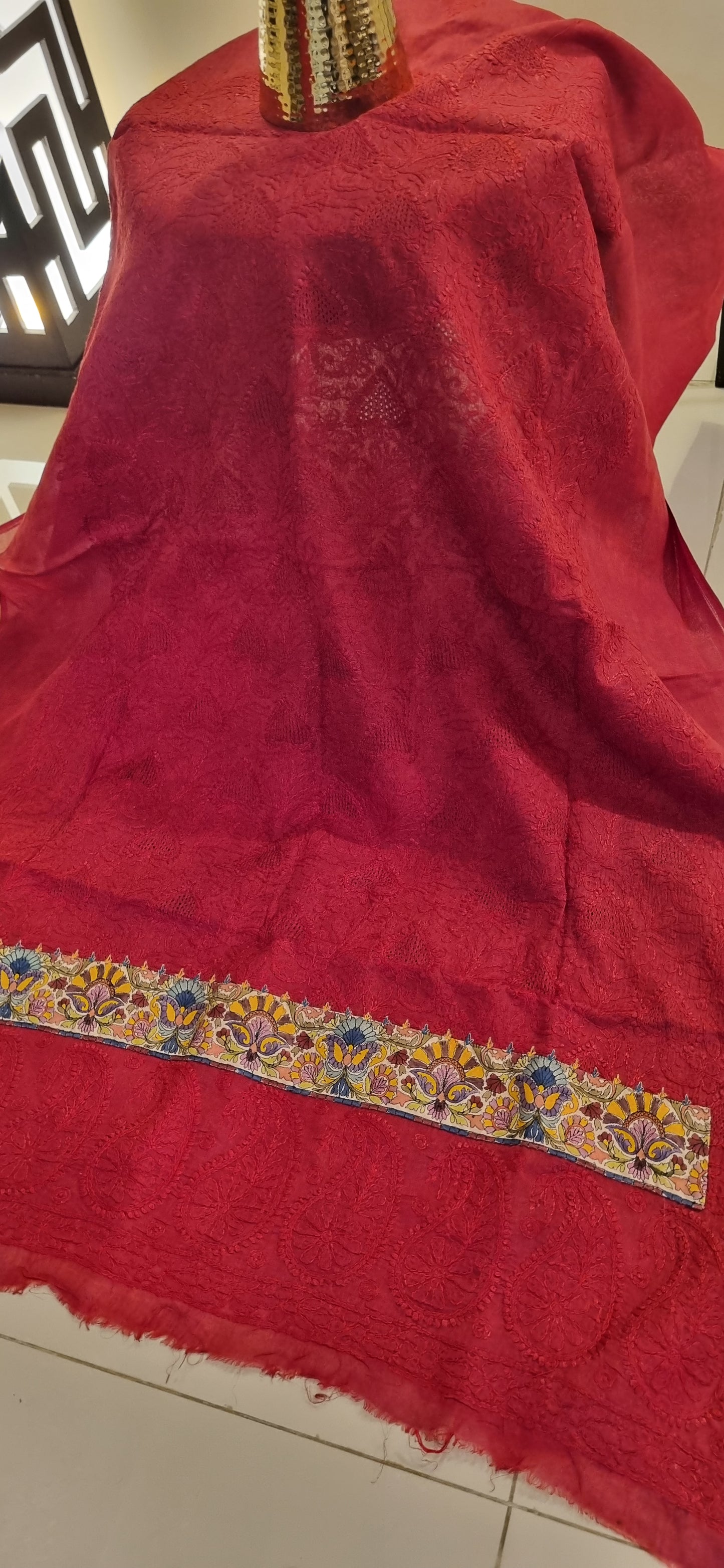 Chikankari shirt with kalamkar border