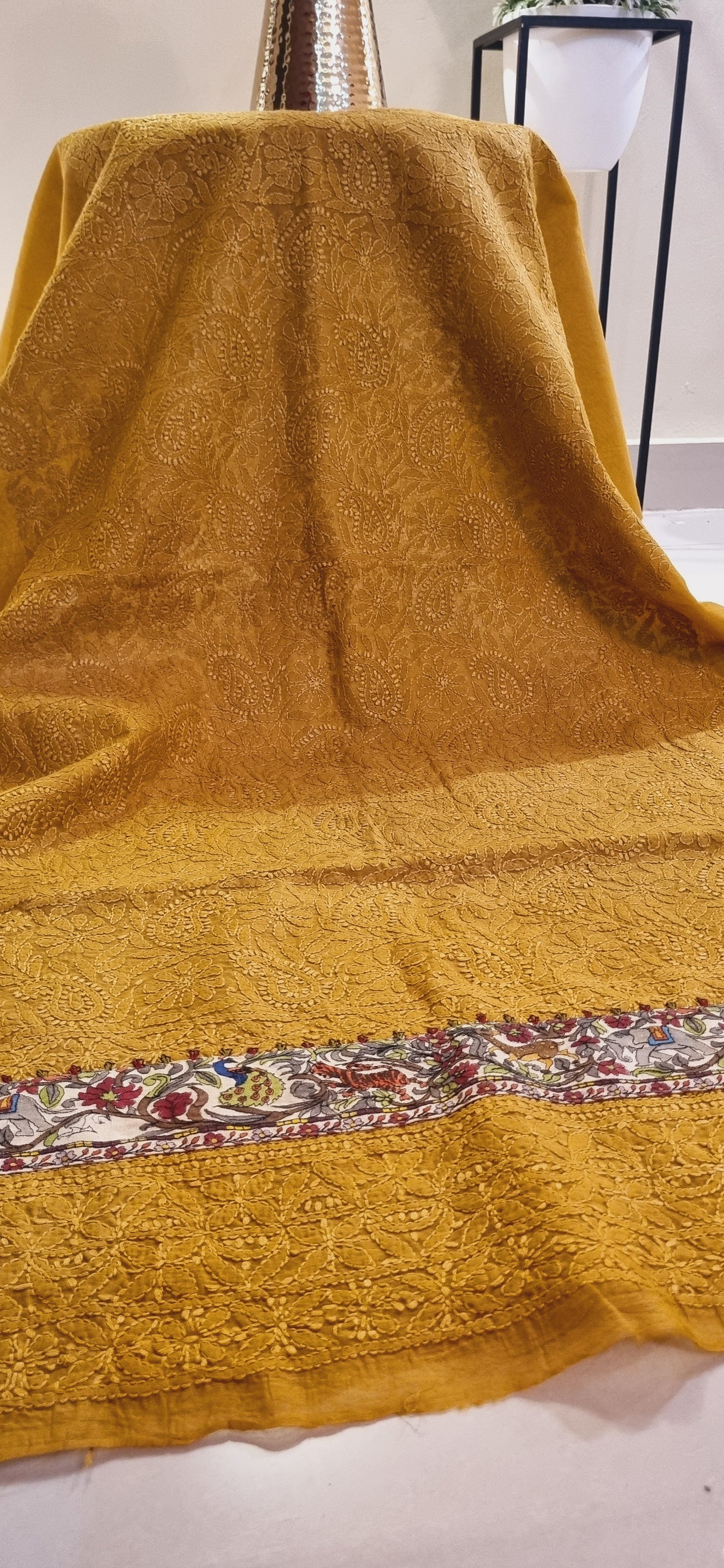 Chikankari shirt with kalamkar border