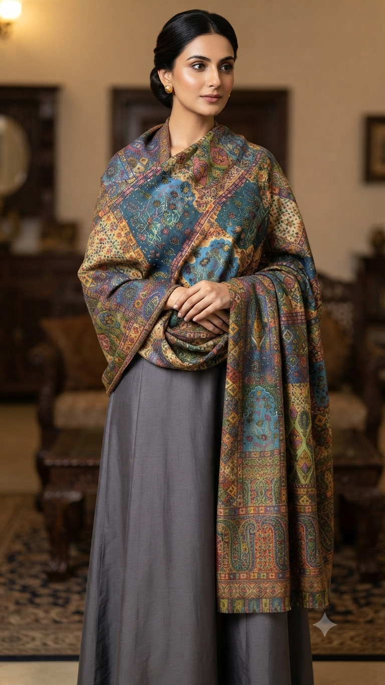 Woolen pashmina suit: Printed shawl