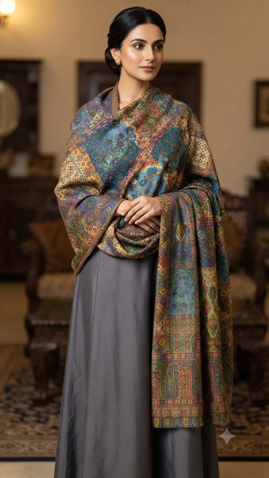 Woolen pashmina suit: Printed shawl
