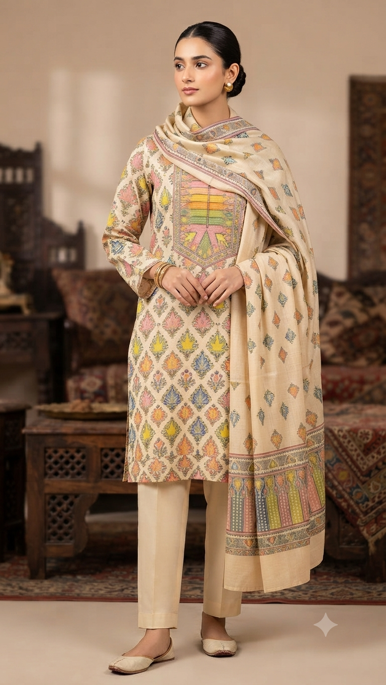 Woolen pashmina suit : Printed