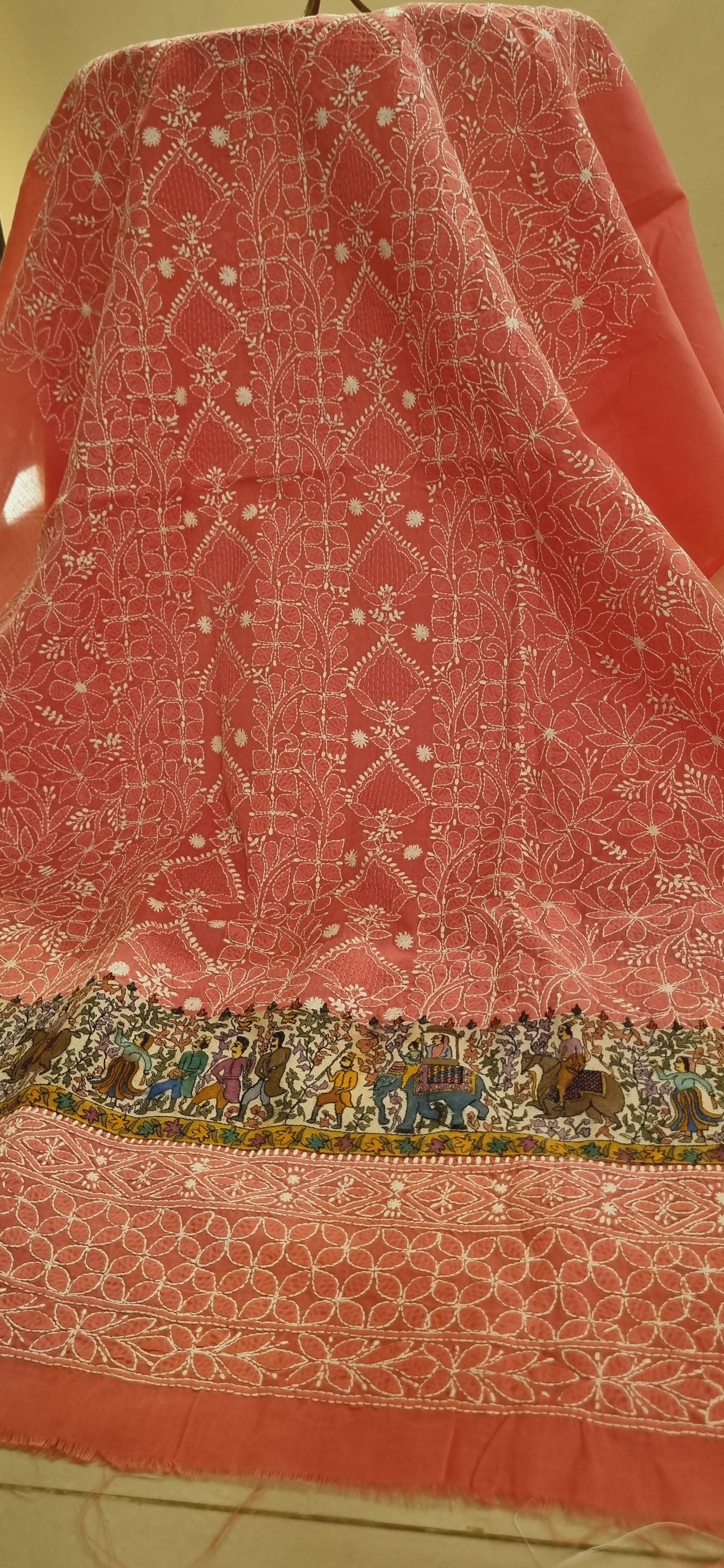 shirt piece with kalamkar border chikankari