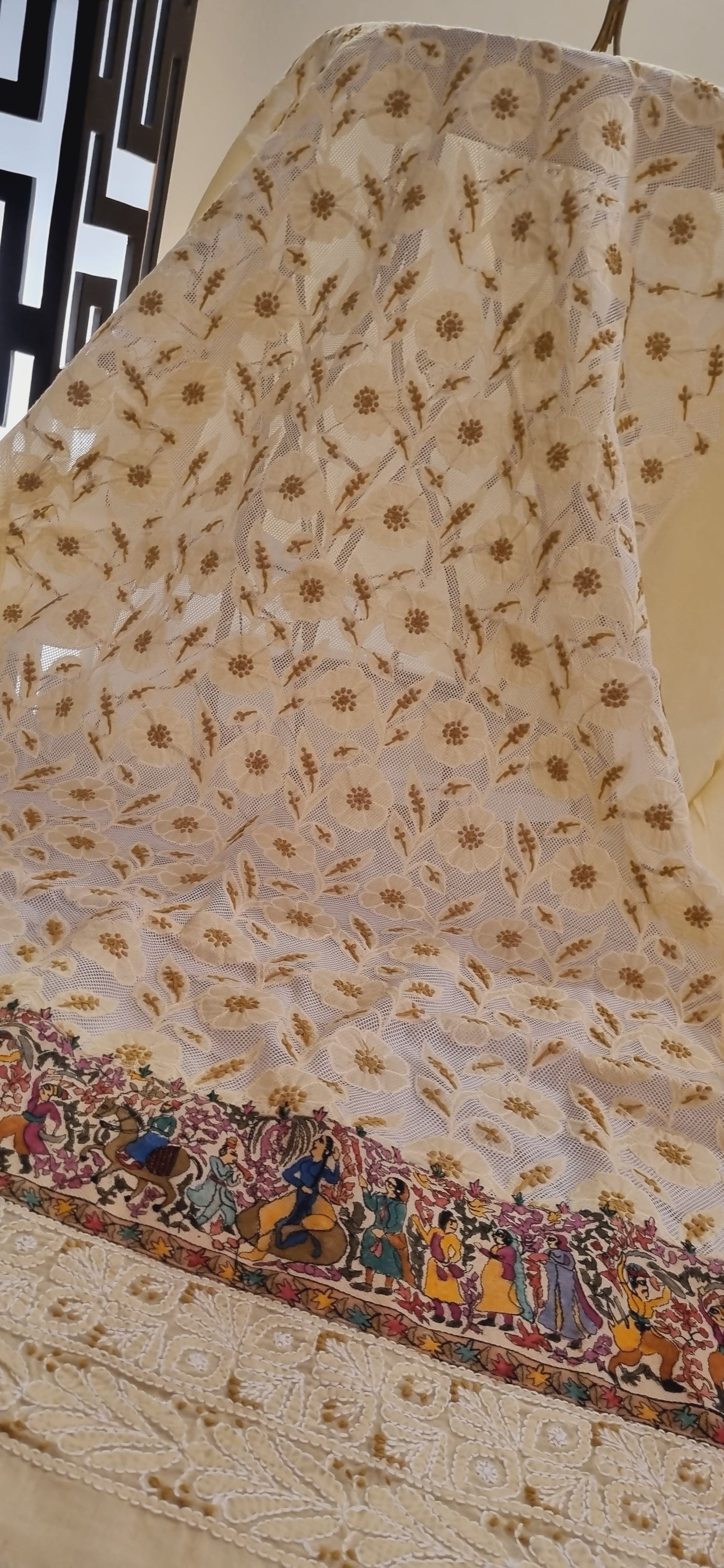 shirt piece with kalamkar border chikankari