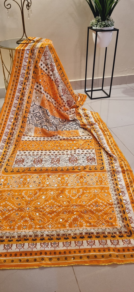 Silk printed duapta with mirror work