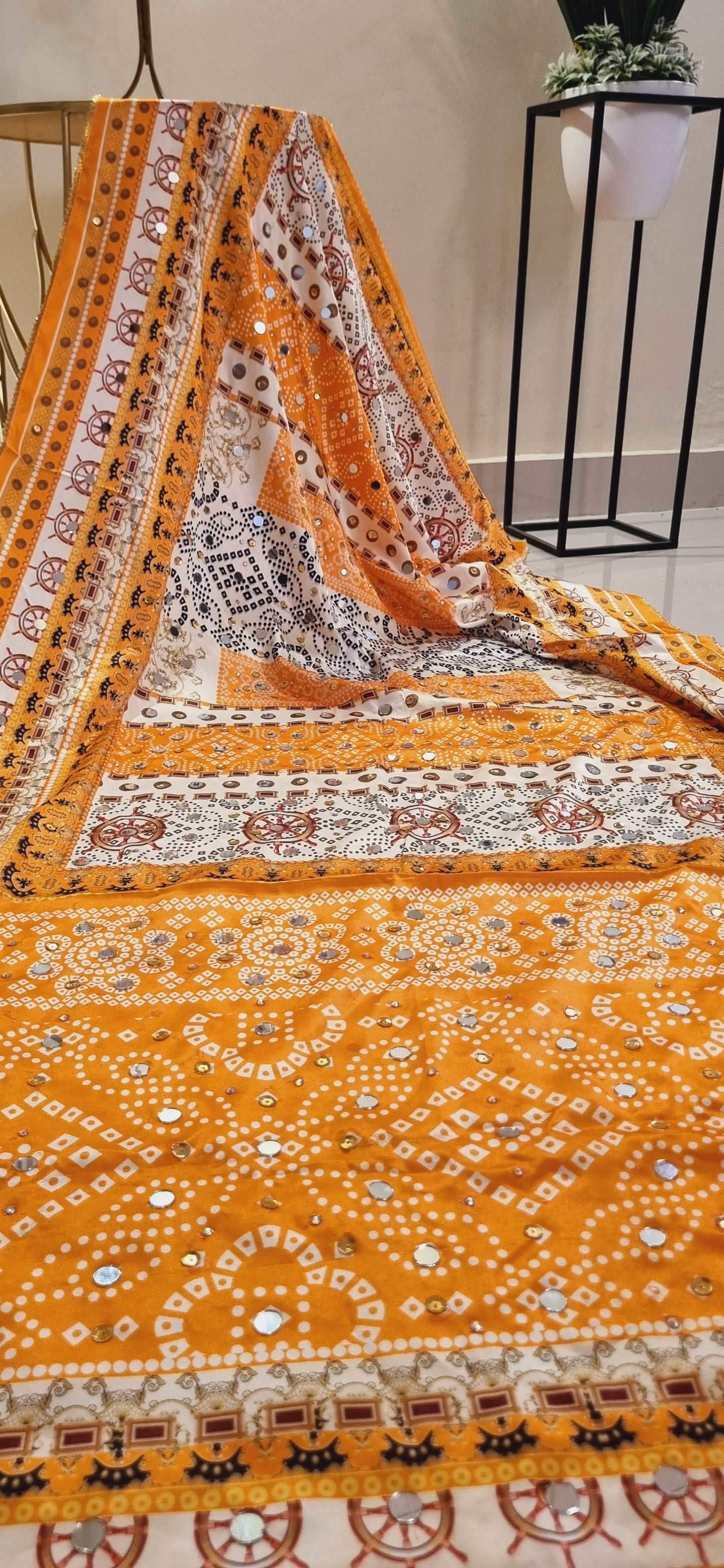 Silk printed duapta with mirror work