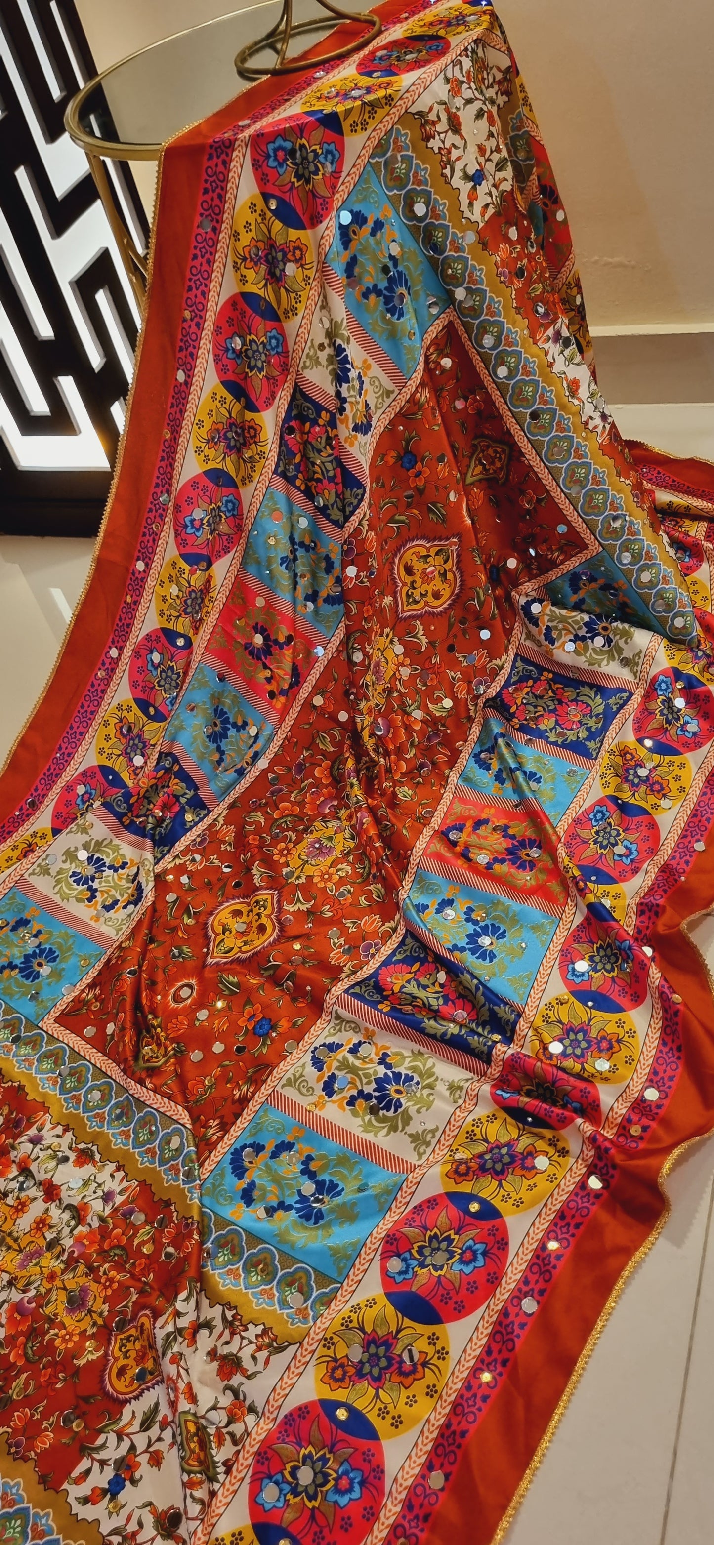 Silk printed dupata with mirror work