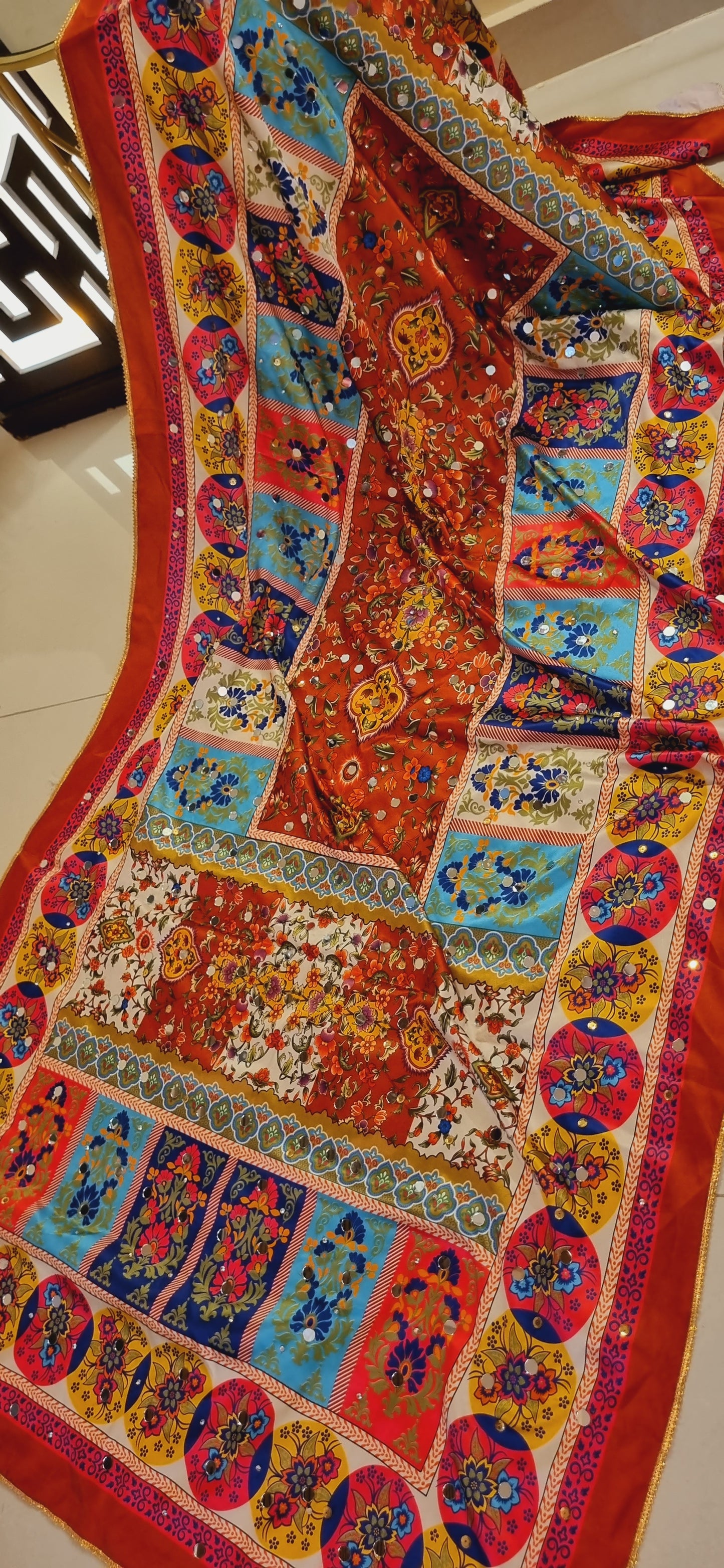 Silk printed dupata with mirror work