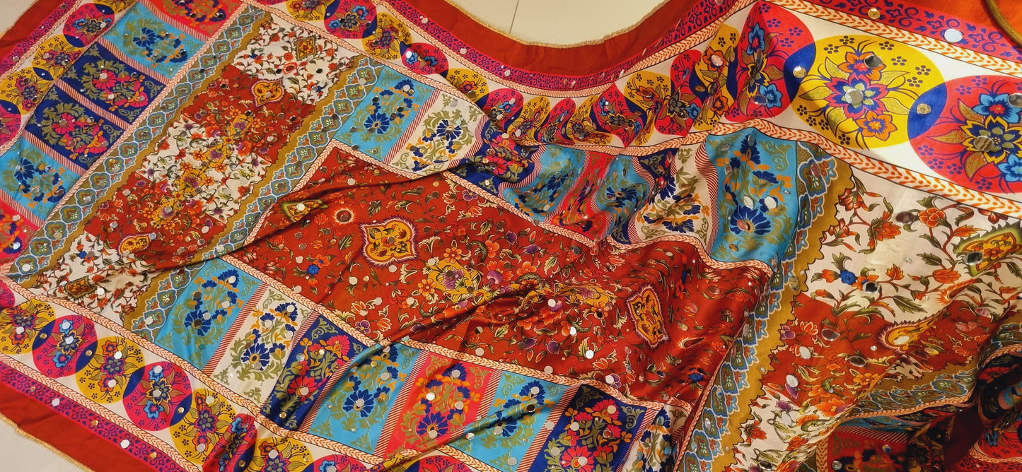 Silk printed dupata with mirror work