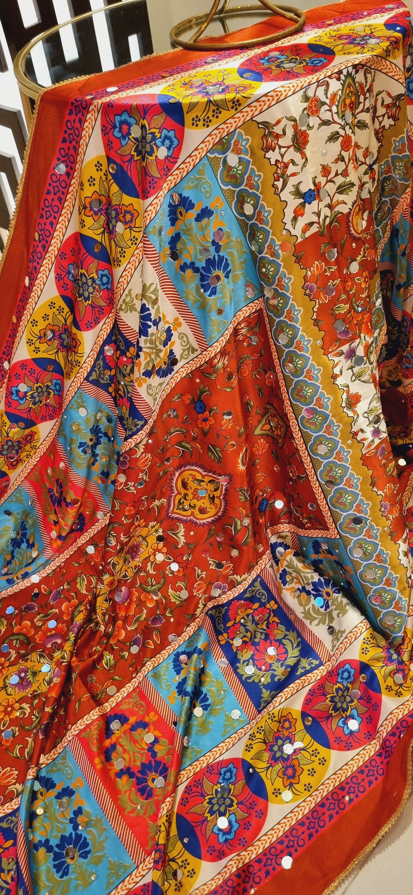 Silk printed duapta with mirror work