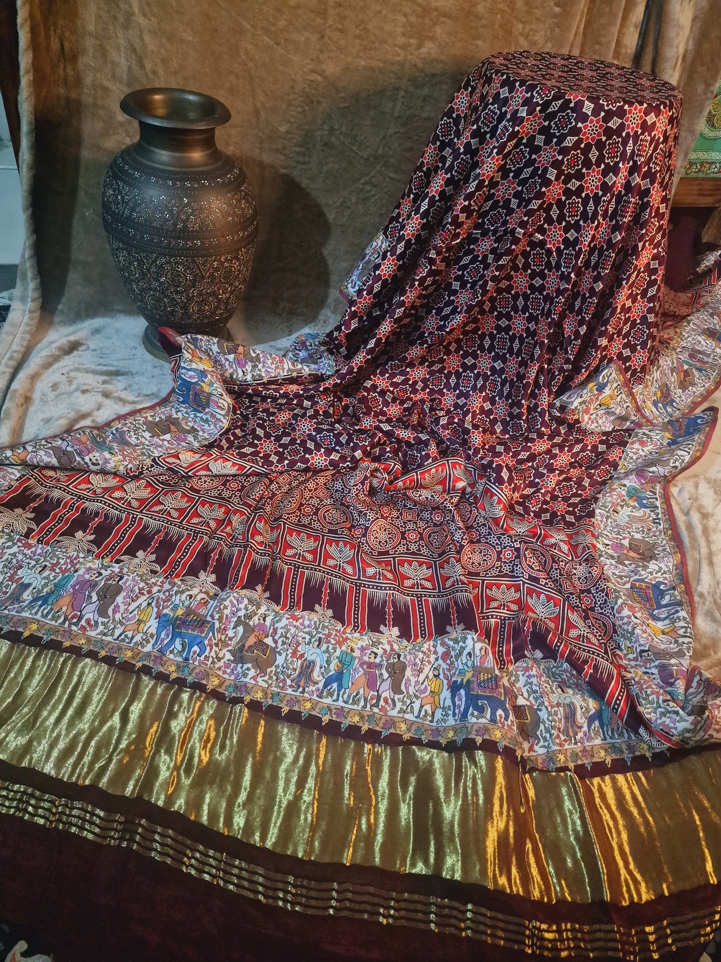 Pure silk ajrak shawl with kalamkr border