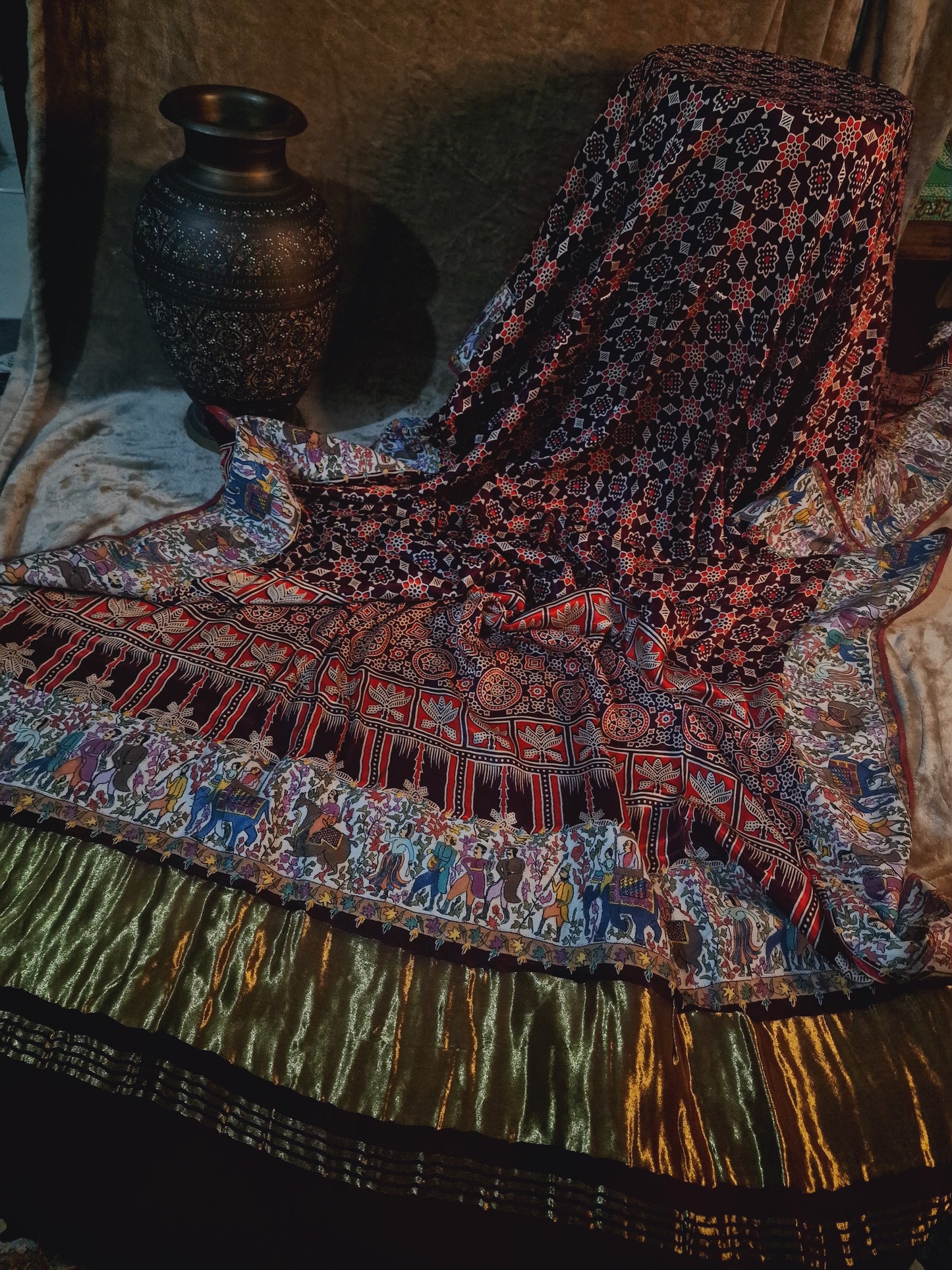 Pure silk ajrak shawl with kalamkr border