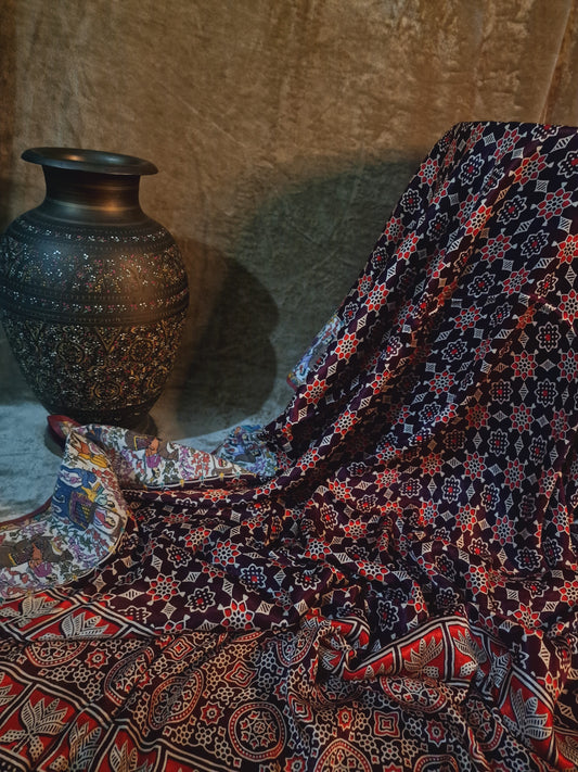 Pure silk ajrak shawl with kalamkr border