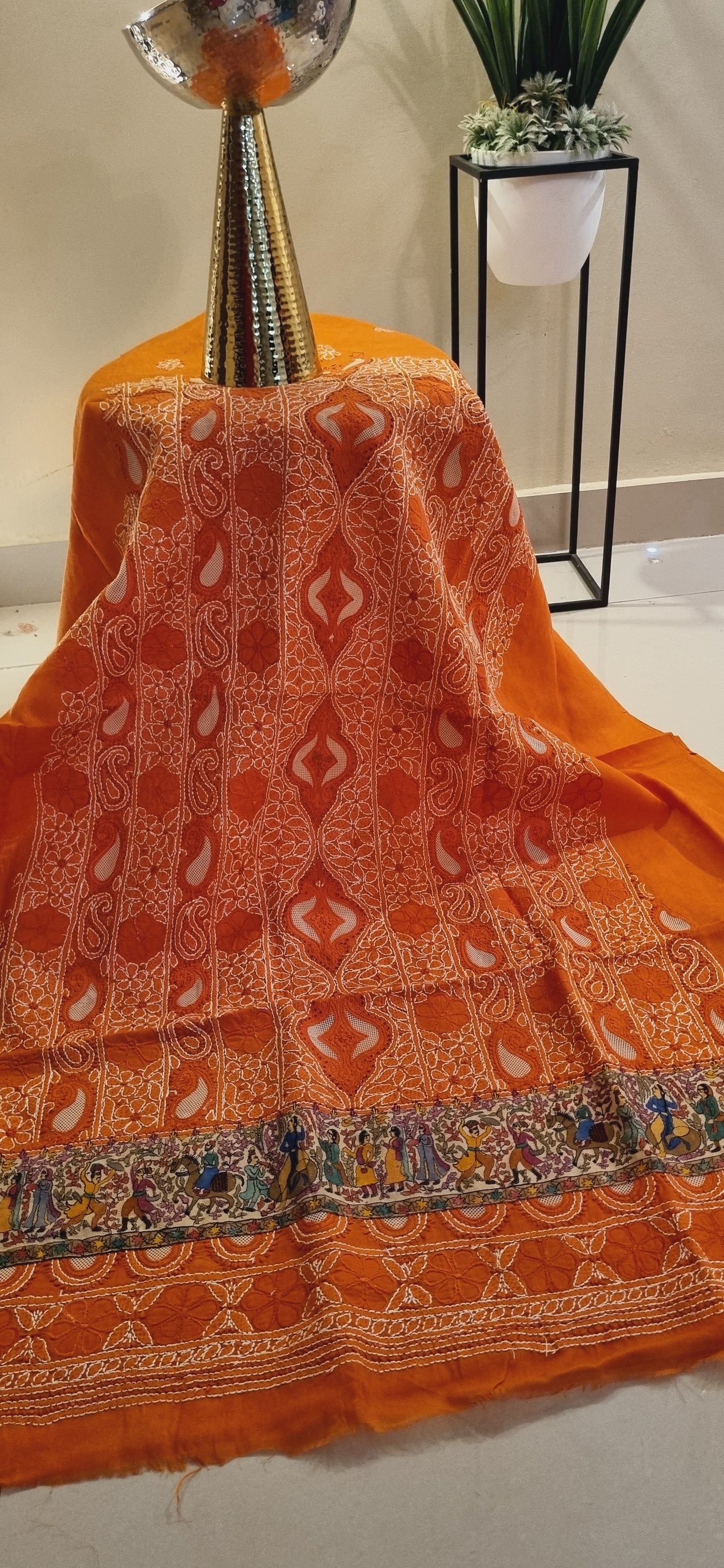 Chikankari shirt with kalamkar border