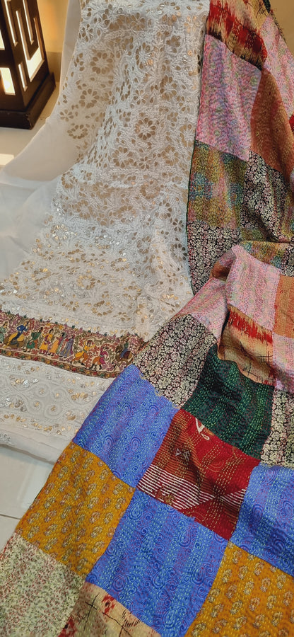 Chikankari shirt with kantha dupata