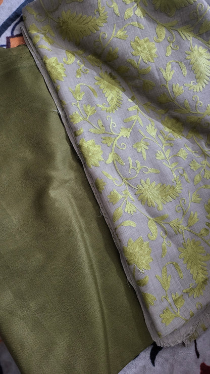 Olive green :Embroidered shawl suit
