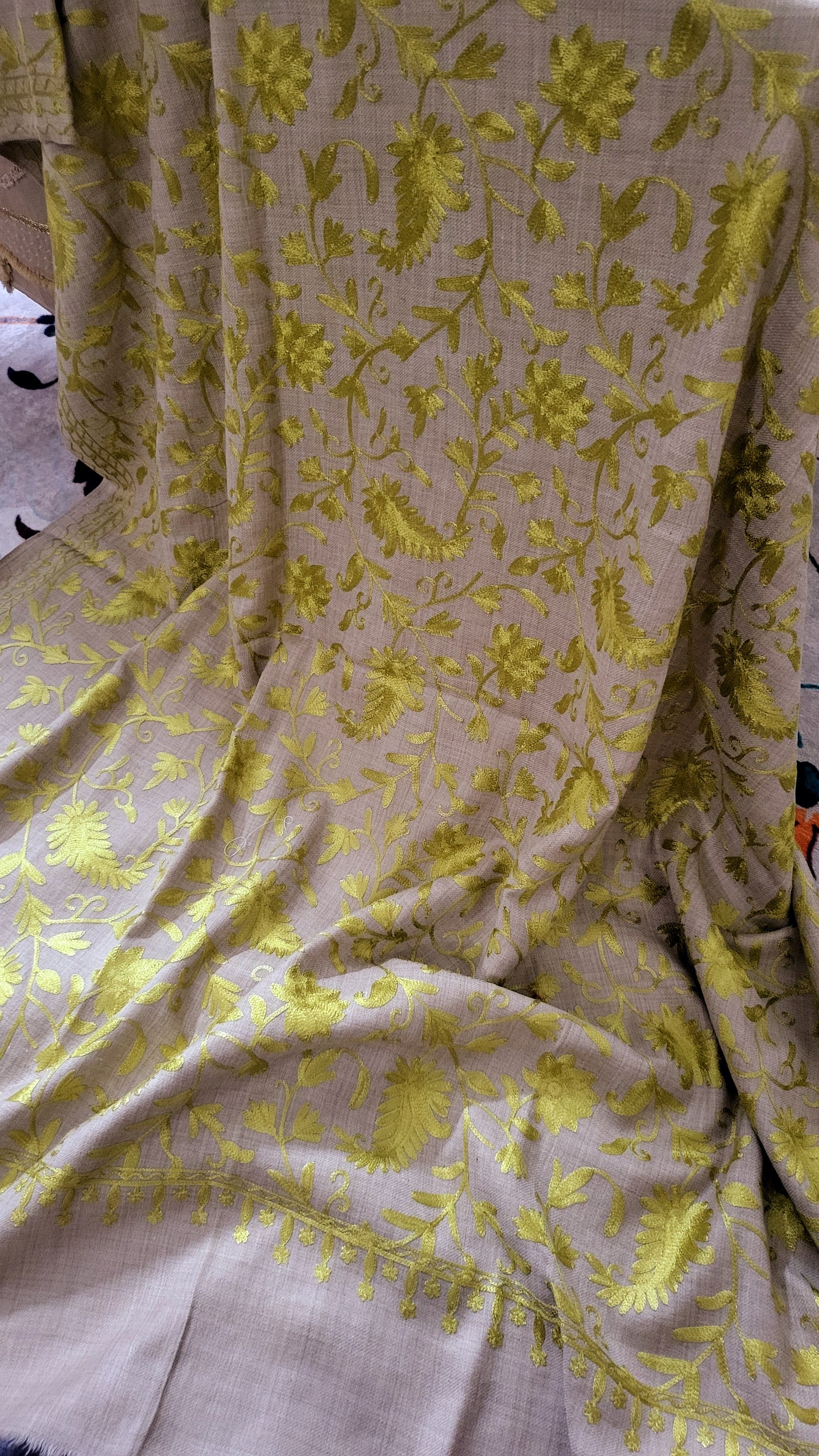 Olive green :Embroidered shawl suit