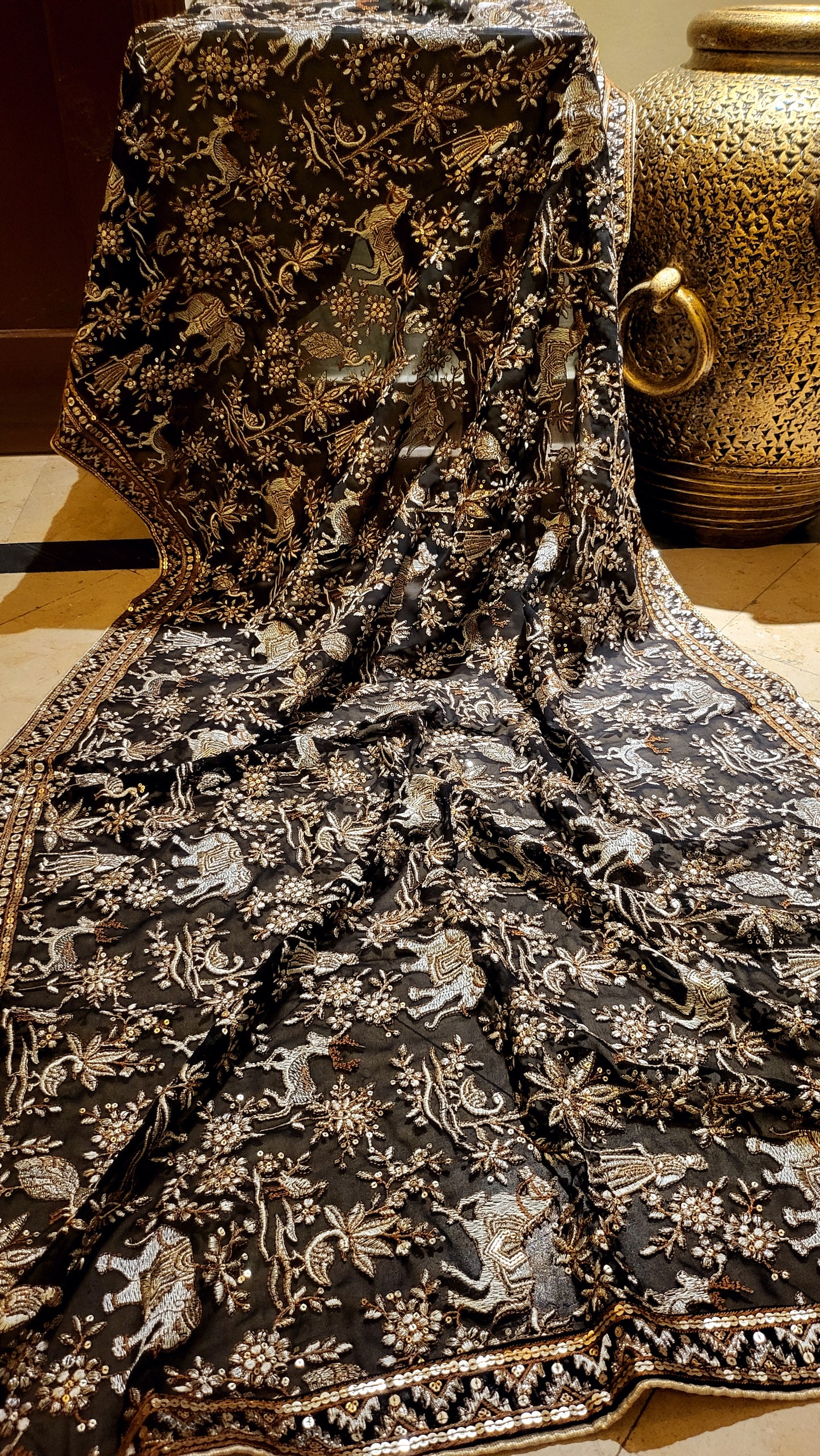 Black Georgette shawl: Embroidered