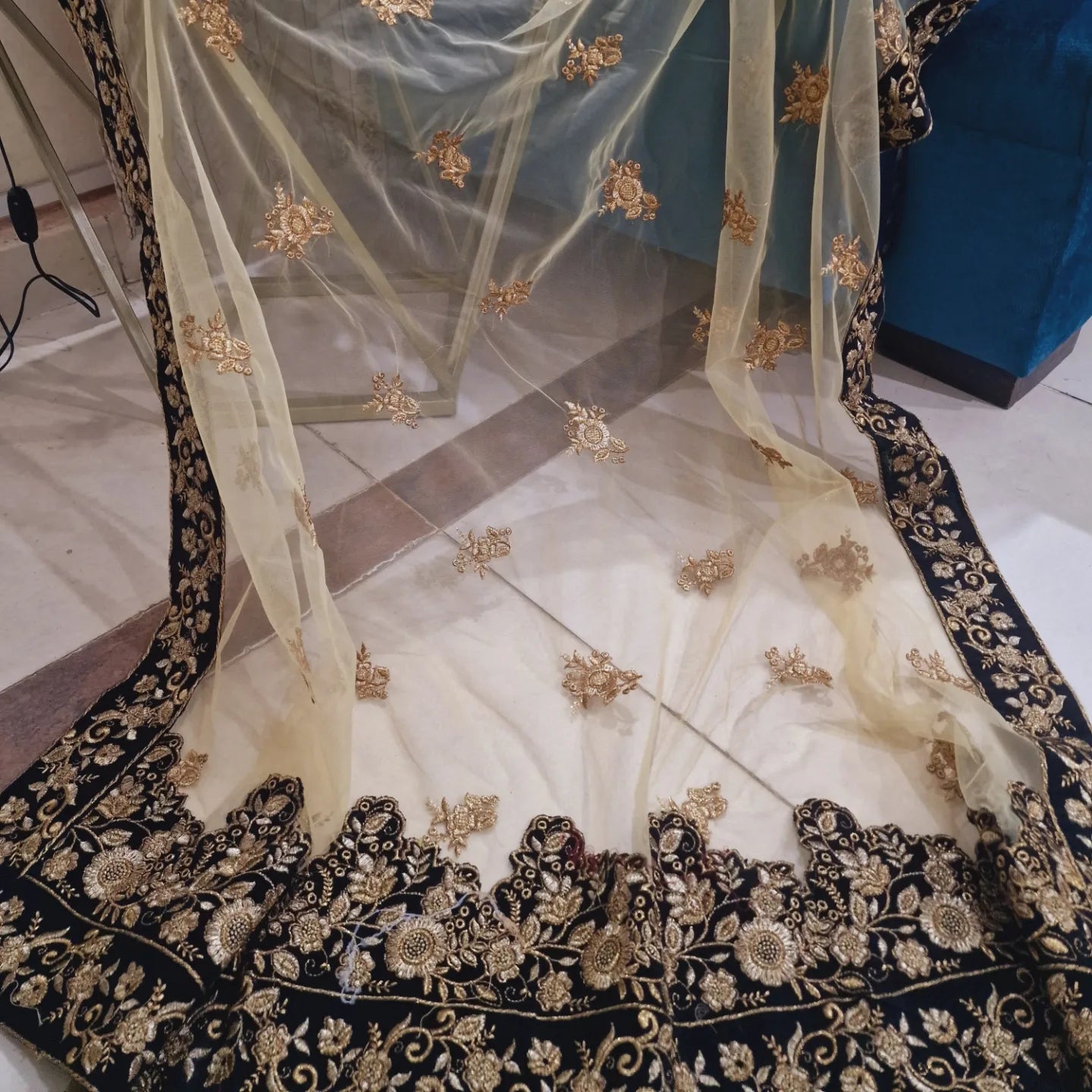 Net dupata with velvet border and tilla embroidery