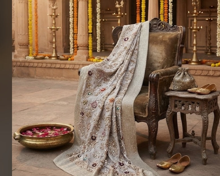 Silk zardozi shawl : Hand made