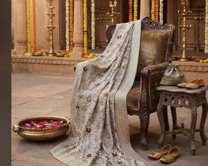 Silk zardozi shawl : Hand made