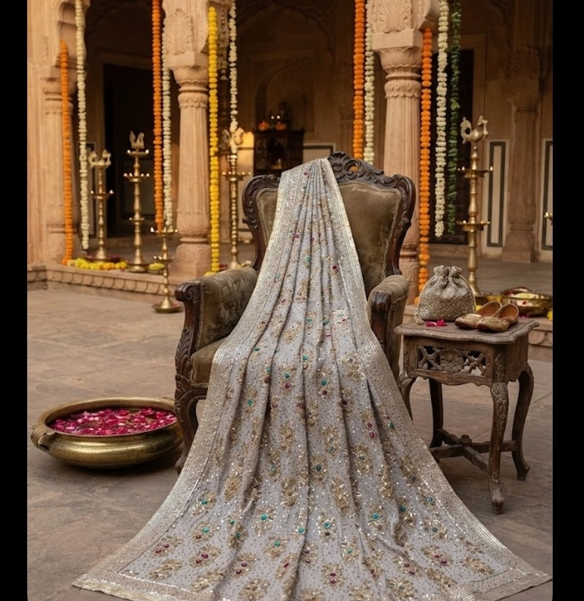 Silk zardozi shawl : Hand made