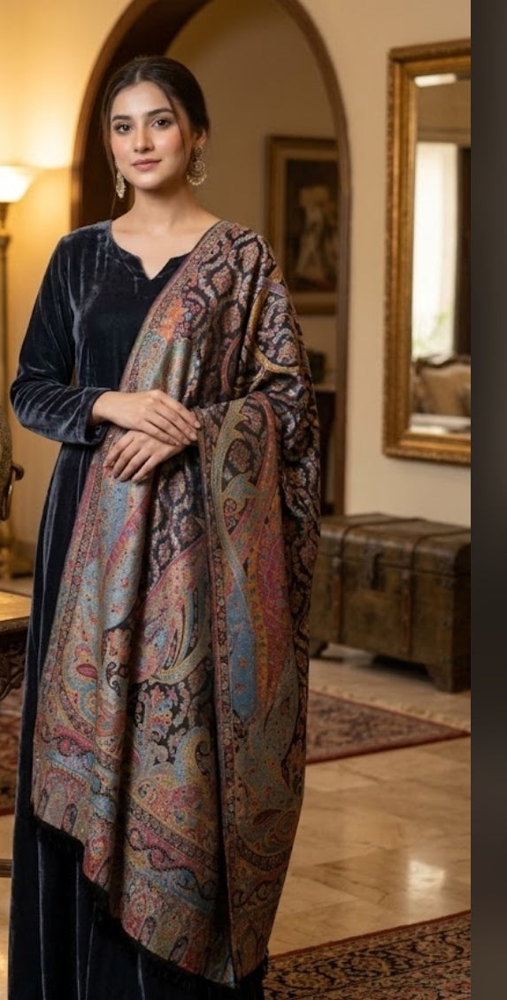 Gandhara reversible kaani : Pashmina moonlight