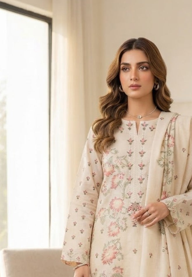 Embroidered three piece: Karandi khaddar