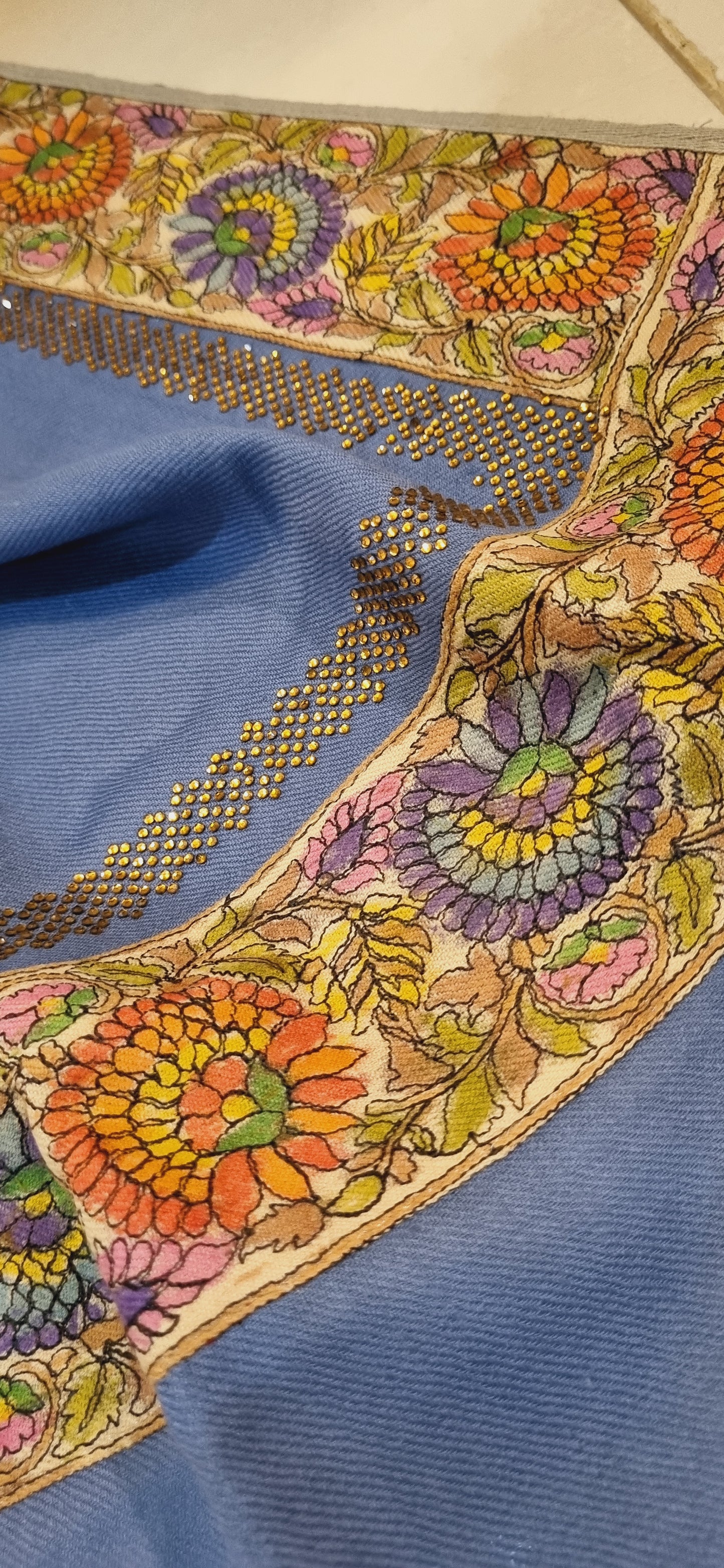 Pashmina with kalamkar and swarovski border