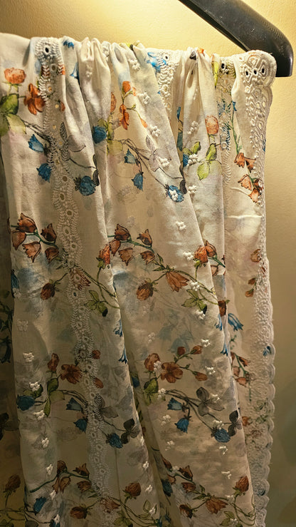 Printed lawn chikan embroidered shawl