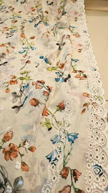 Printed lawn chikan embroidered shawl