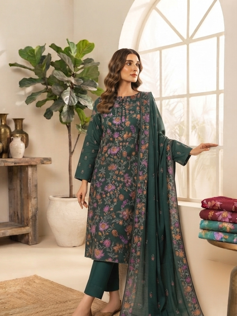 Embroidered three piece: Karandi khaddar