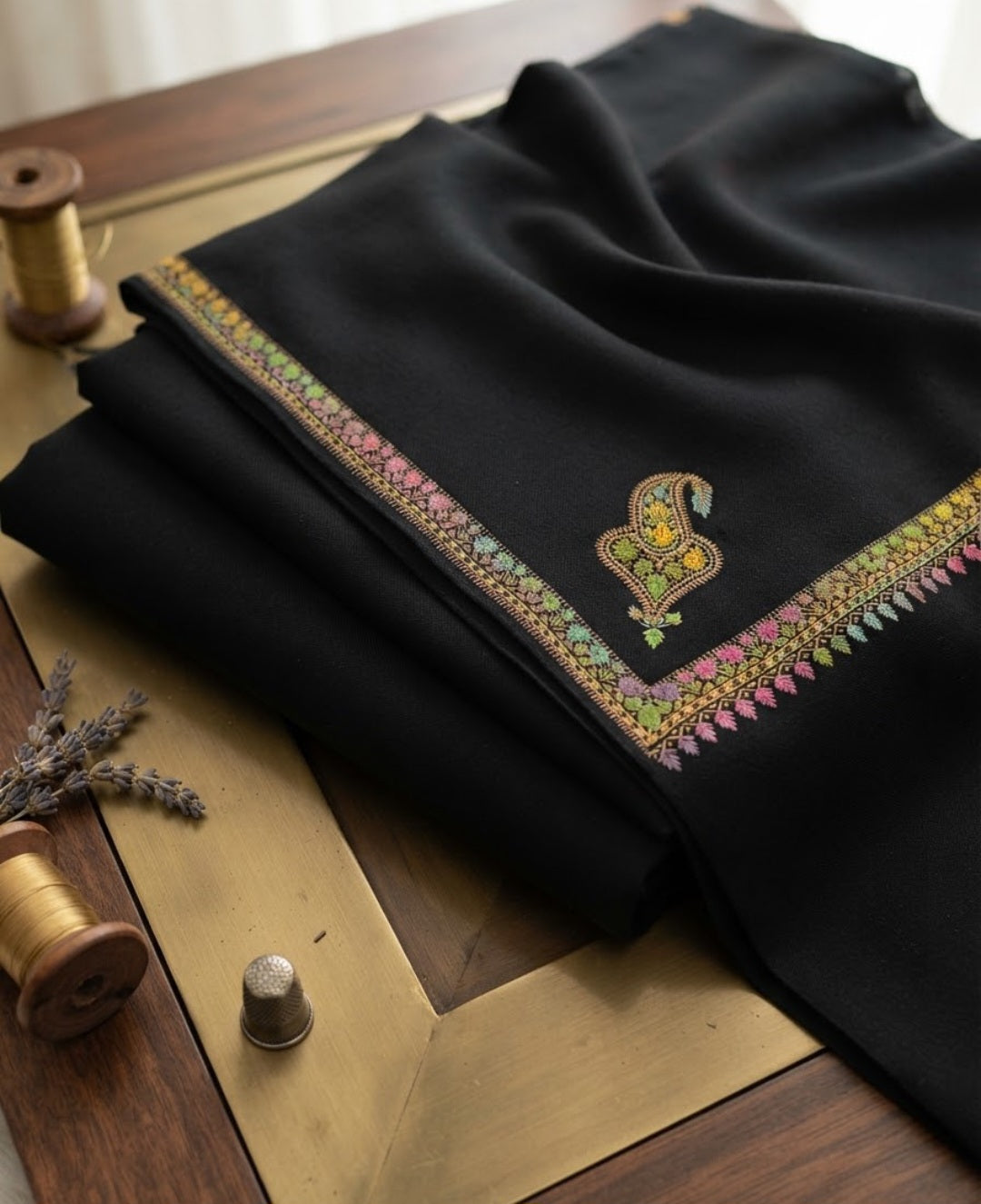 Embroidered three piece: woollen pashmina