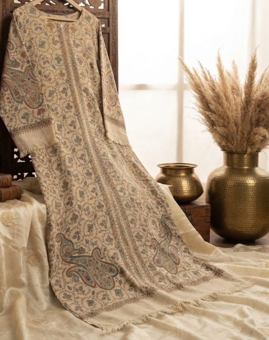 Hand embroidered kaftan: woollen pashmina