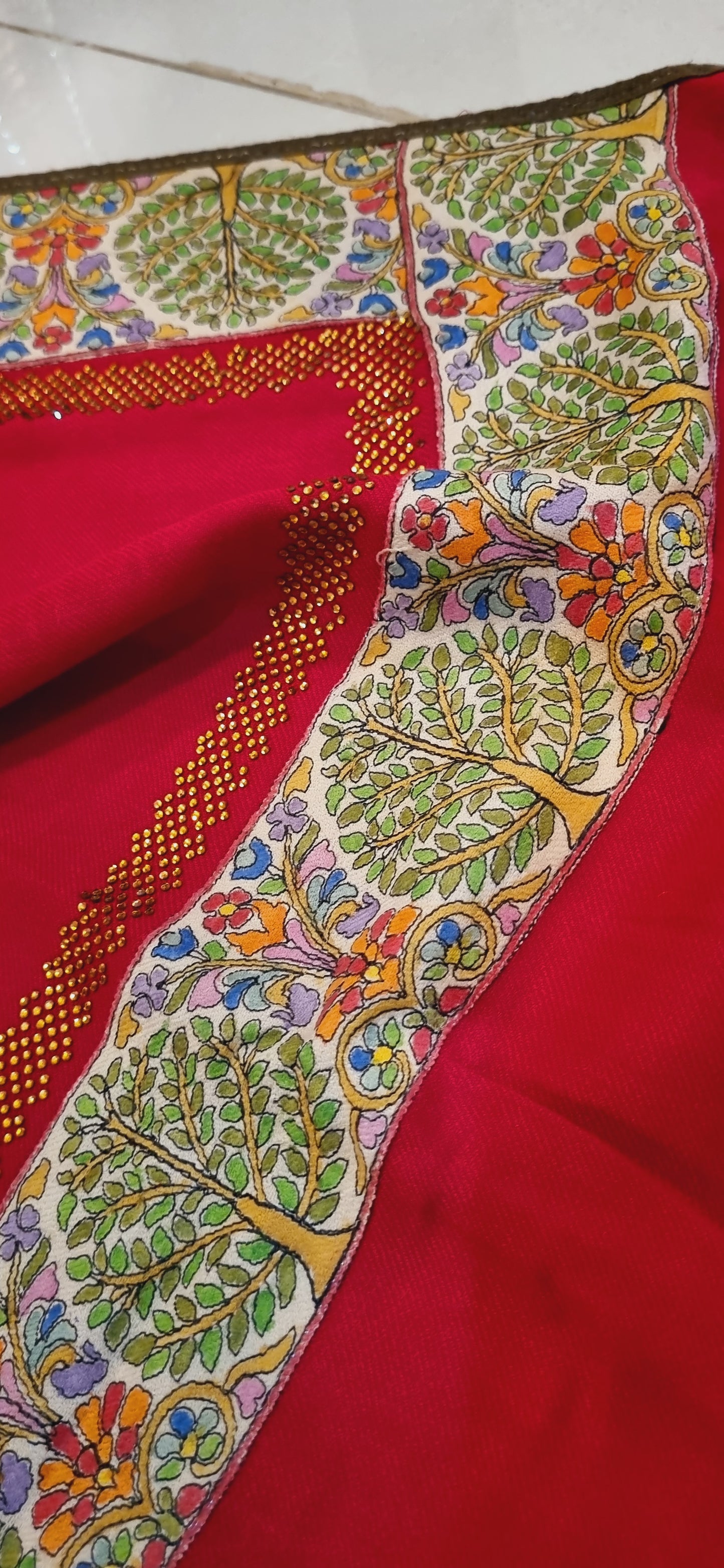 Pashmina with kalamkar and swarovski border