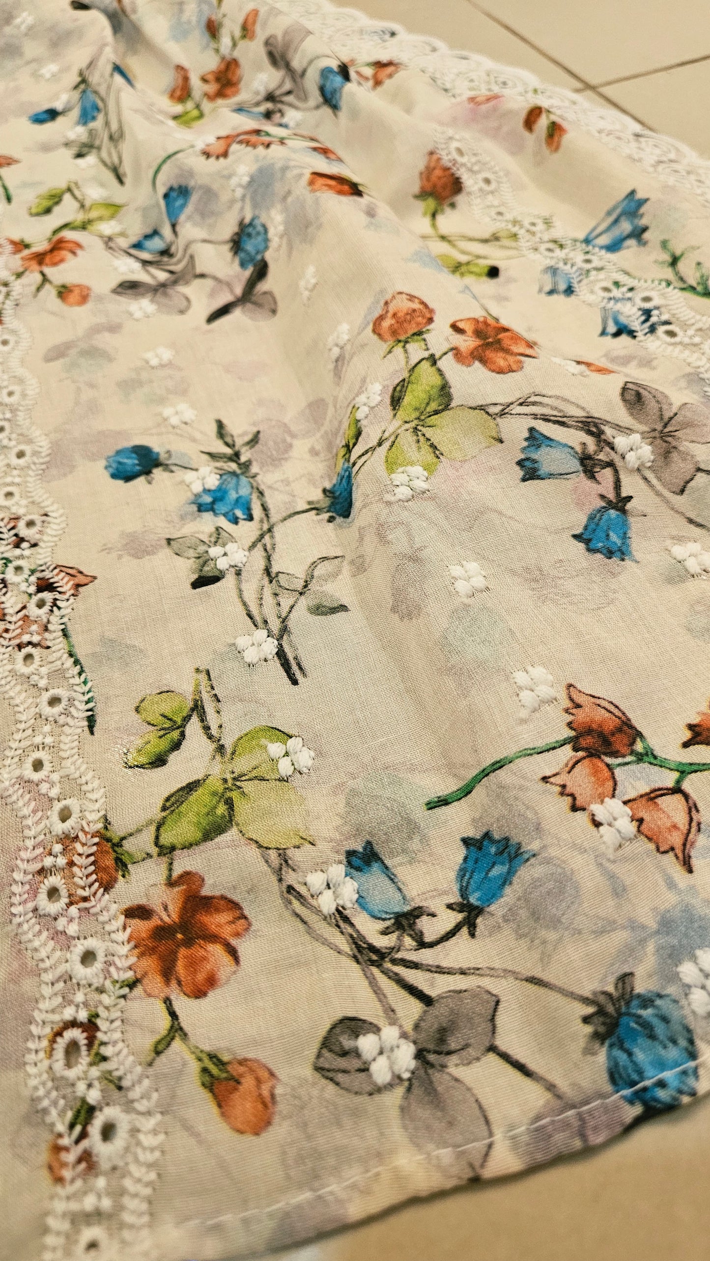 Printed lawn chikan embroidered shawl
