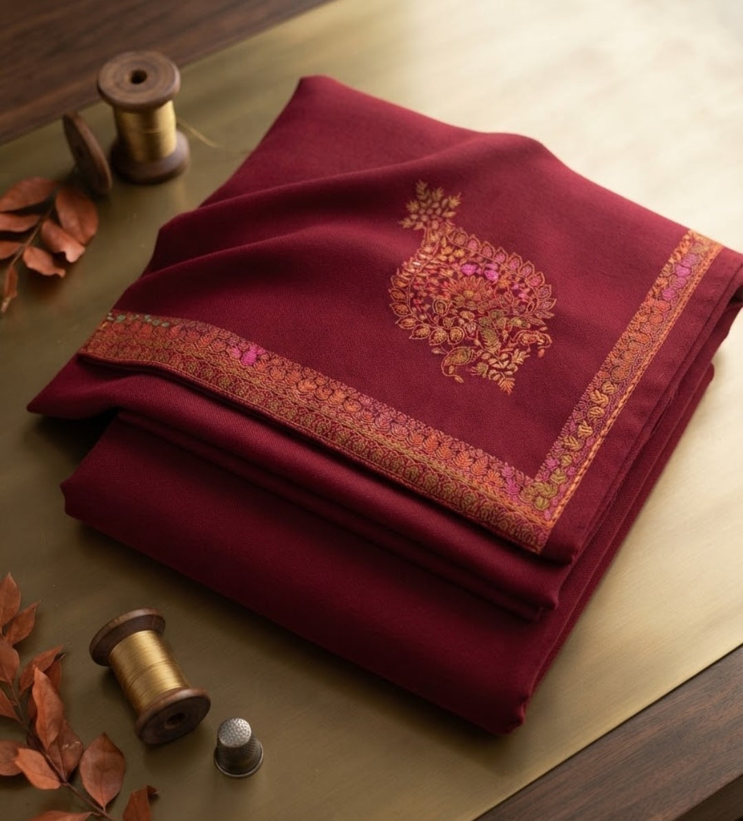 Embroidered three piece: woollen pashmina