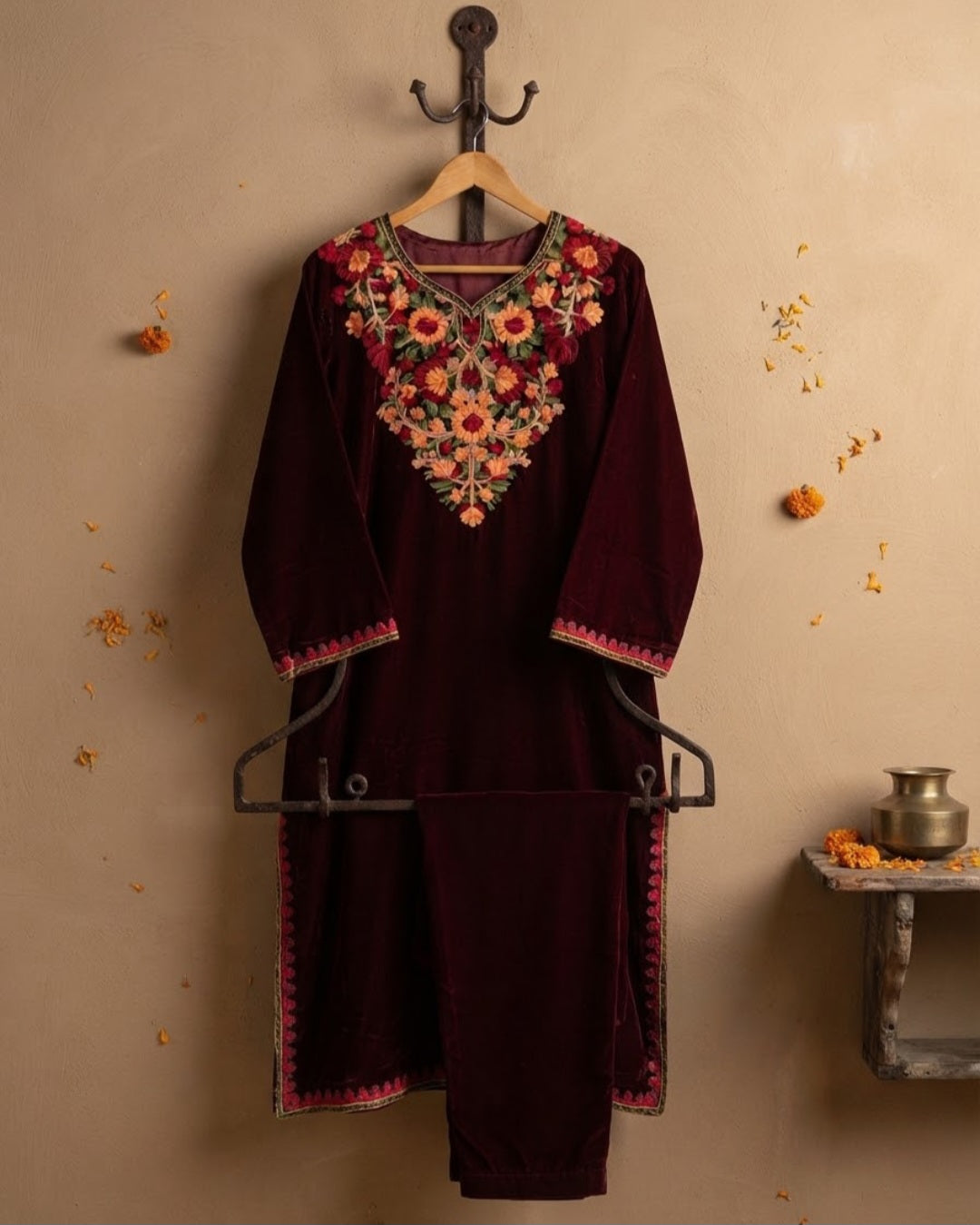 Embroidered phiran trouser: velvet