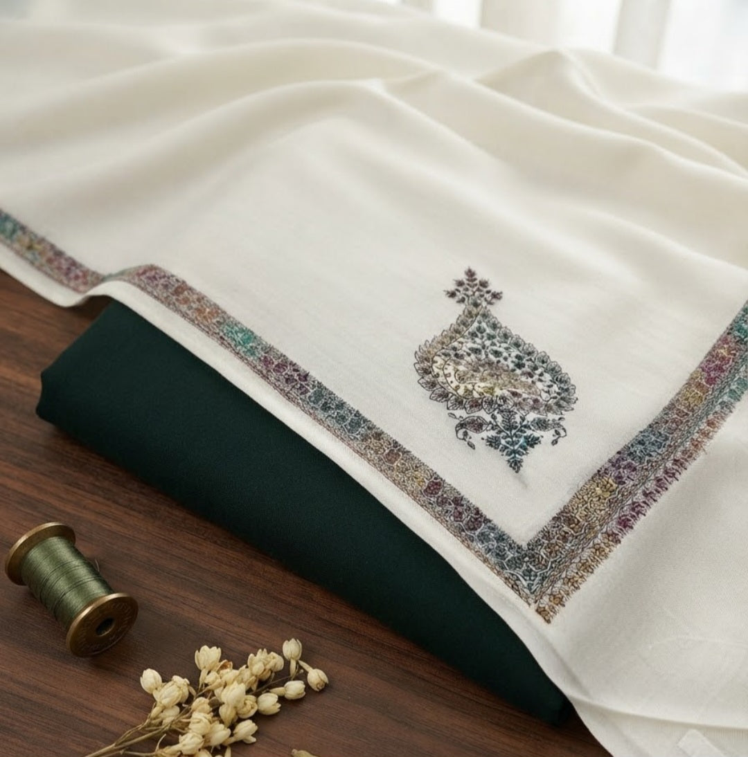 Embroidered three piece: woollen pashmina