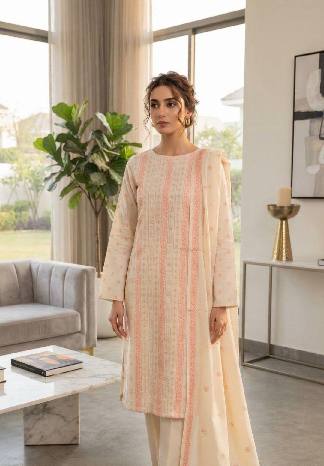 Embroidered three piece: Karandi khaddar