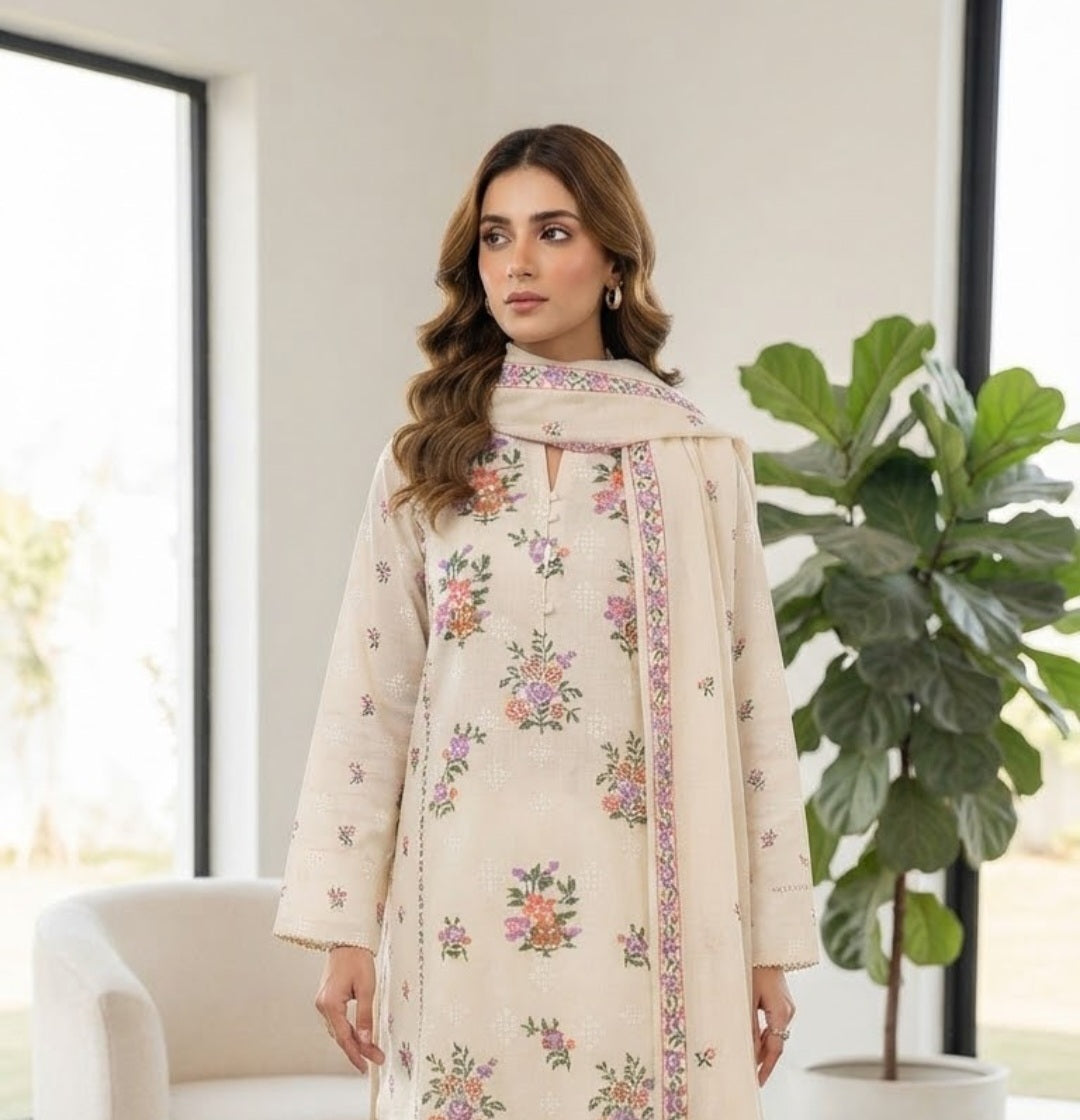 Embroidered three piece: Karandi khaddar