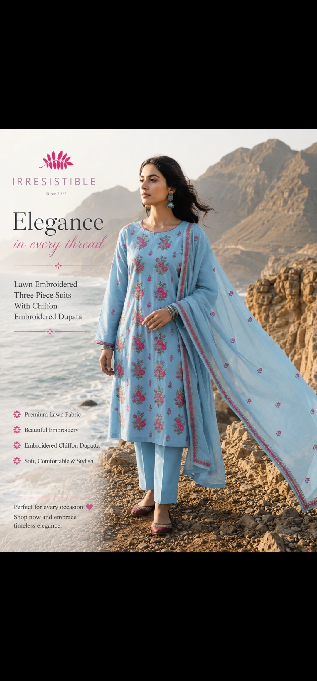 Lawn embroidered three piece suit with chiffon dupata
