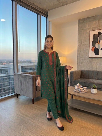 Embroidered suit: Karandi khaddar