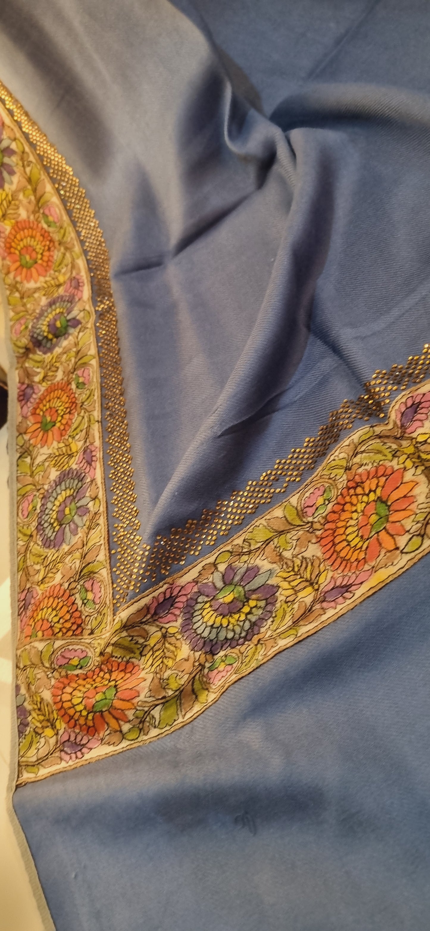 Pashmina with kalamkar and swarovski border