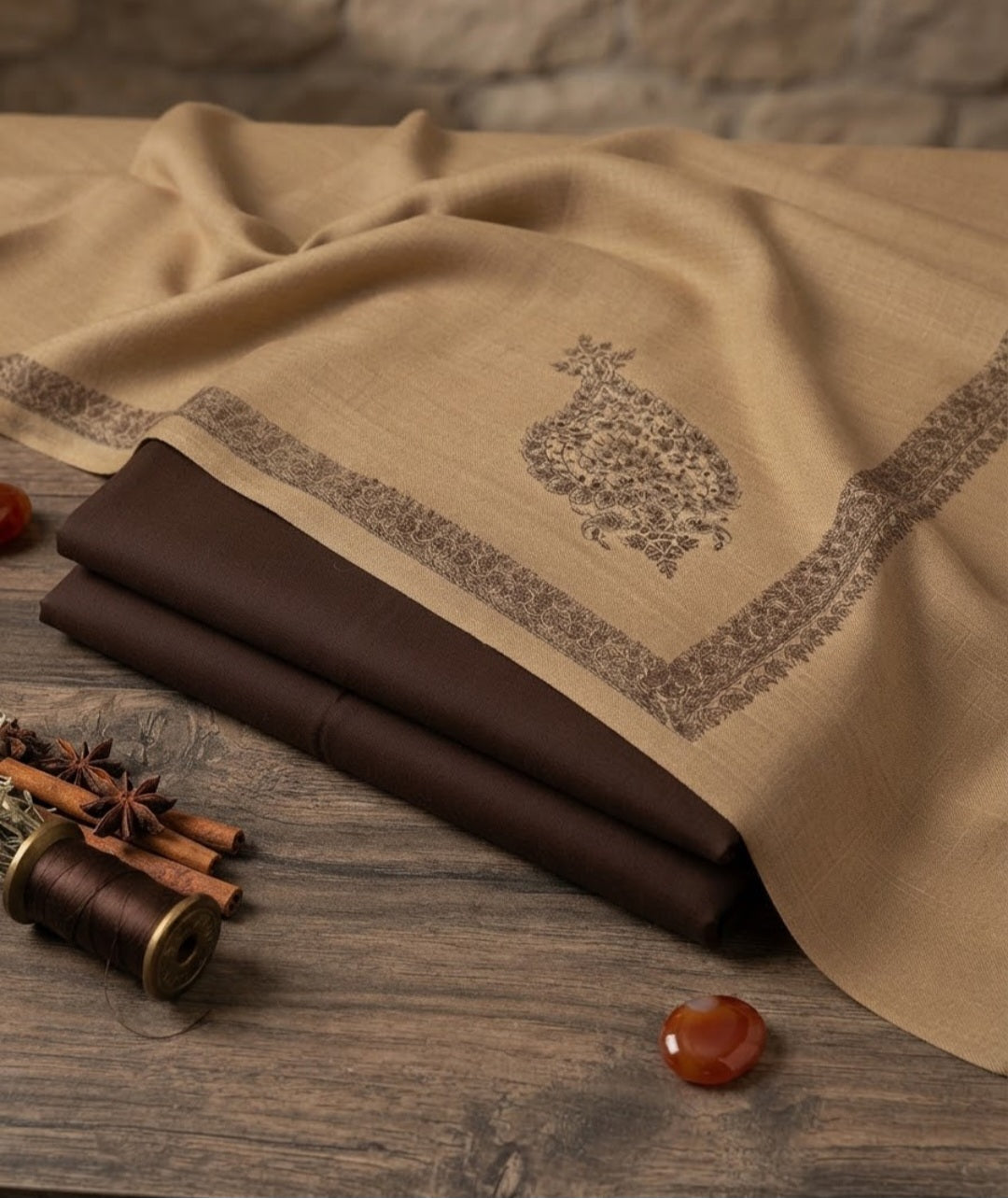 Embroidered three piece: woollen pashmina