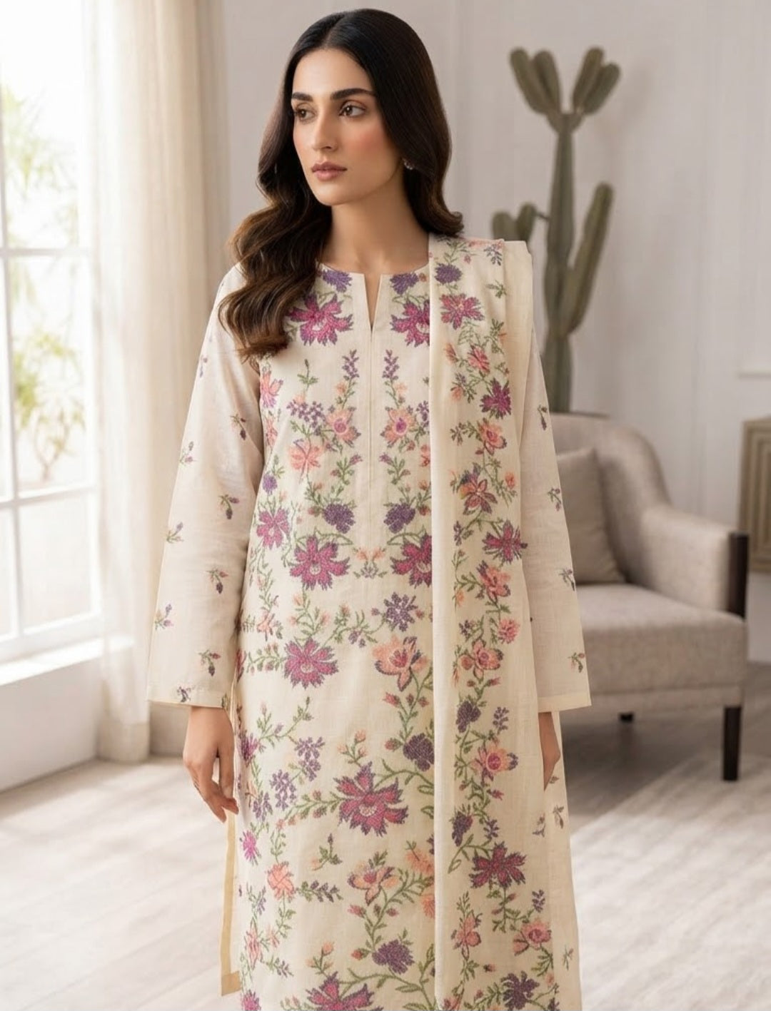 Embroidered three piece: Karandi khaddar