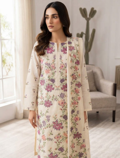 Embroidered three piece: Karandi khaddar