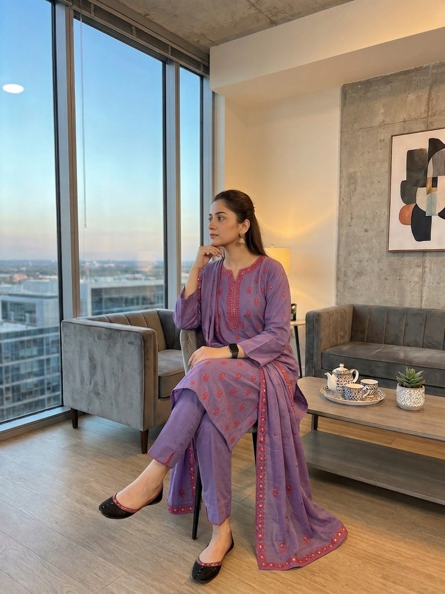 Embroidered suit: Karandi khaddar