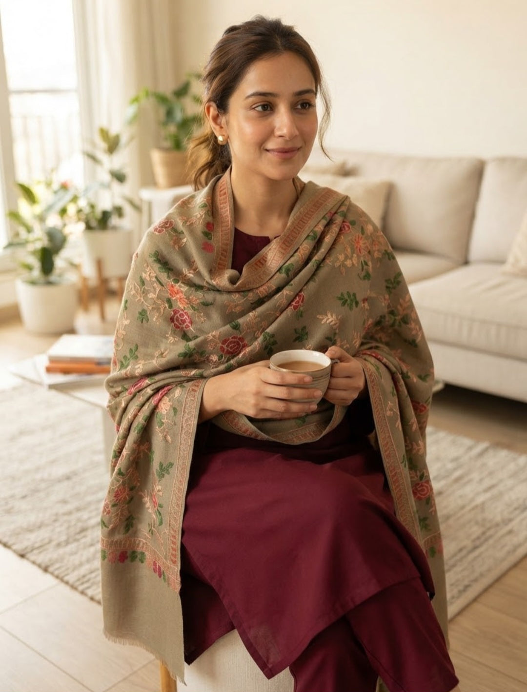 Embroidered three piece: Pashmina