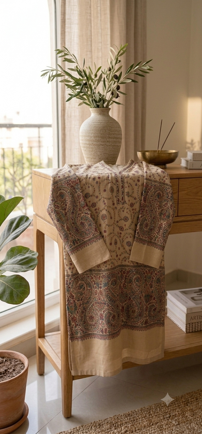 Hand embroidered two piece: woollen pashmina